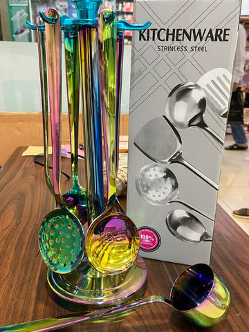 6pc Stainless Steel Kitchen Set Multi Color With Stand (13 inch)
