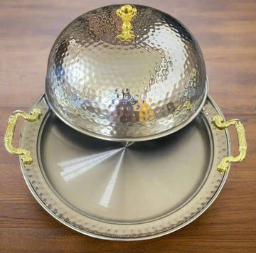 Hammered Stainless Steel Dome Serving Platter / BBQ Platter with Lid