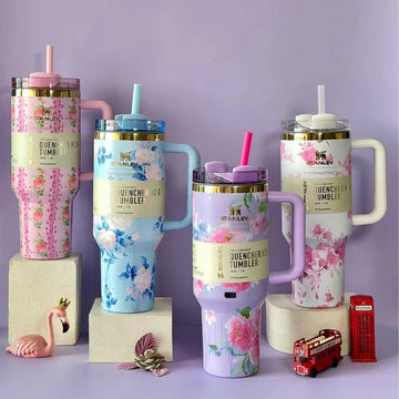 Original Stainless Steel Flower Design Tumbler With Lid, Vacuum Insulated Car Mug