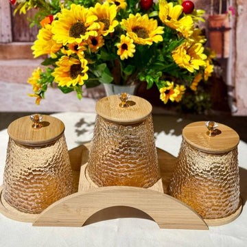 Luxury Hammered Glass Jar Set with Wooden Lids & Tray 3pcs Storage Canisters