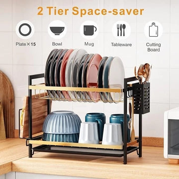 Dish Drainer - 2 Tier Dish Drying Rack with Drip Tray, Sink Draining Board