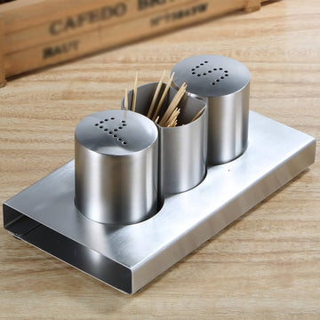 Stainless steel salt and pepper and tooth pic holder