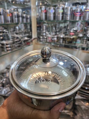 Stainless Steel Hammered Serving Handi with Glass Lid