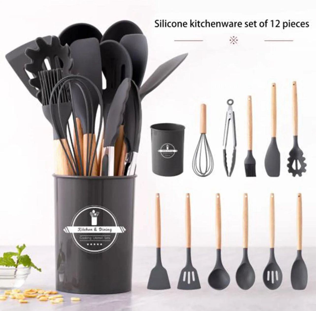 12-piece silicone kitchenware set with wooden handles and a storage holder