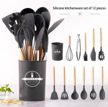 12-piece silicone kitchenware set with wooden handles and a storage holder
