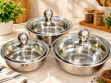 Stainless Steel Hammered Serving Handi with Glass Lid