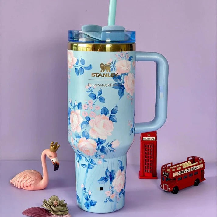 Original Stainless Steel Flower Design Tumbler With Lid, Vacuum Insulated Car Mug