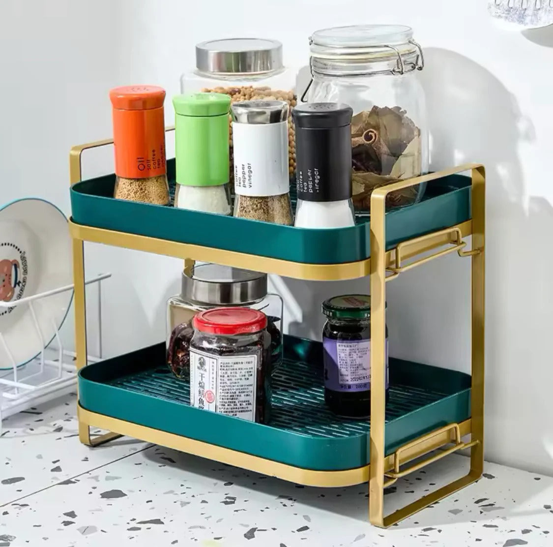2 Tiers Cups Mugs Drying Rack With Drip Tray, Spice Jars Countertop Organizer