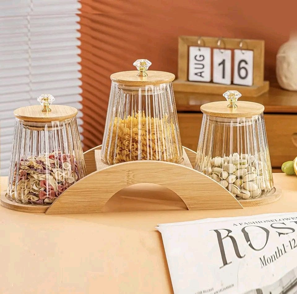Luxury Hammered Glass Jar Set with Wooden Lids & Tray 3pcs Storage Canisters