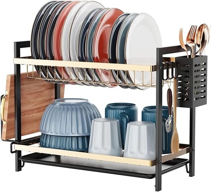 Dish Drainer - 2 Tier Dish Drying Rack with Drip Tray, Sink Draining Board