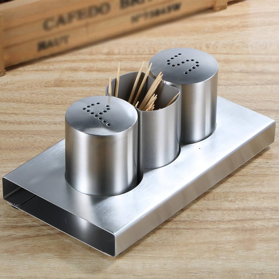 Stainless steel salt and pepper and tooth pic holder