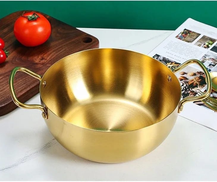 Stainless Steel Korean Style Ramen Pot Gold Double Handle