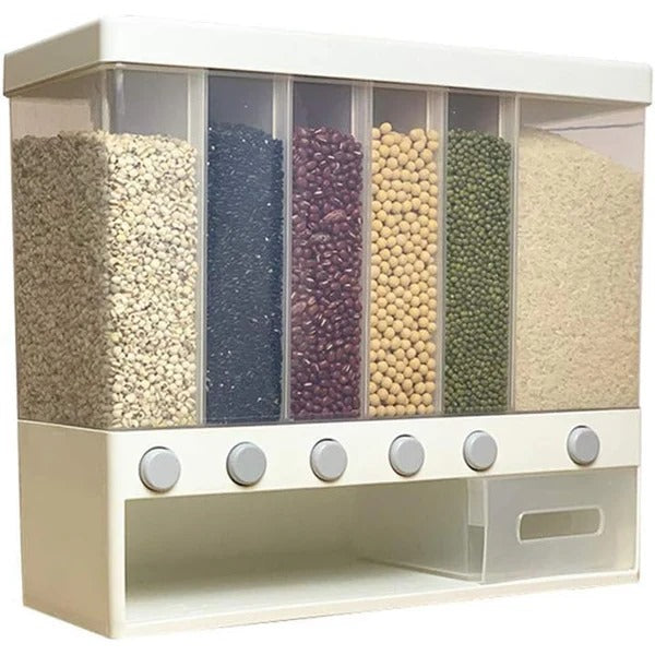 Cereal Dispenser Wall Mounted, 6 Grid Dry Food Dispenser Kitchen Cereal Dispenser Grain Rice Dry Food Storage Container for Store Coffee Beans Nut Snacks
