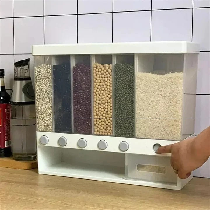 Cereal Dispenser Wall Mounted, 6 Grid Dry Food Dispenser Kitchen Cereal Dispenser Grain Rice Dry Food Storage Container for Store Coffee Beans Nut Snacks
