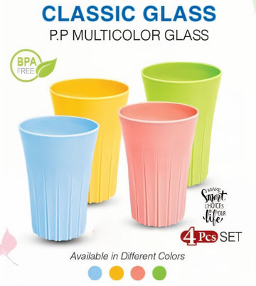 Pack of 4pcs Classic Plastic Water Glass (Mix/Random colour) 4 Different colours set