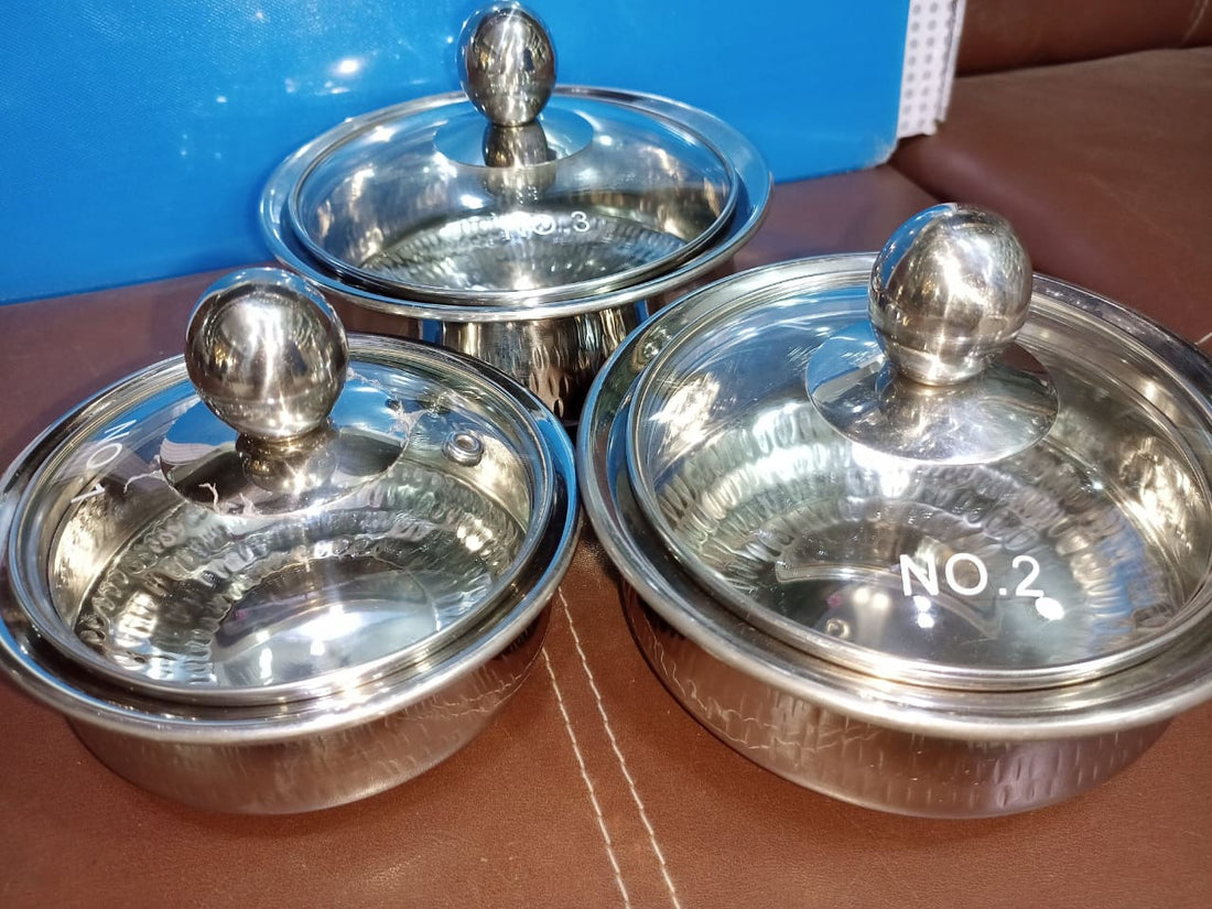 Stainless Steel Hammered Serving Handi with Glass Lid