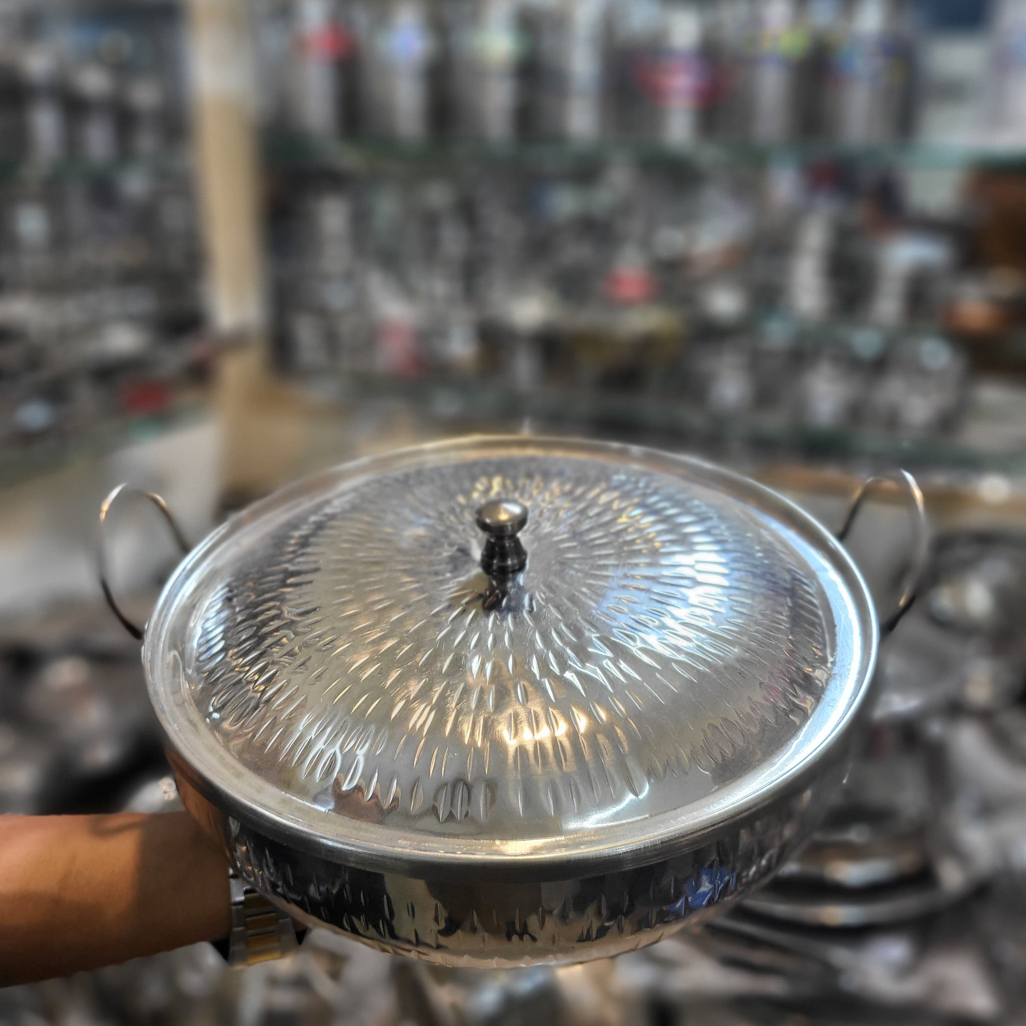 hammered Stainless Steel Karahi with Steel Lid and Handle