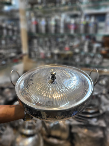 hammered Stainless Steel Karahi with Steel Lid and Handle
