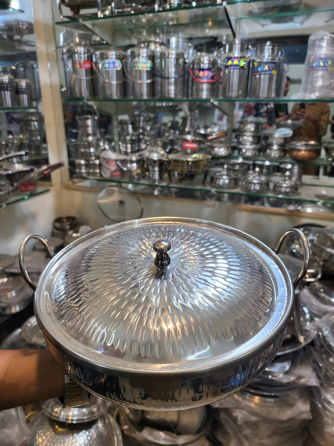 hammered Stainless Steel Karahi with Steel Lid and Handle