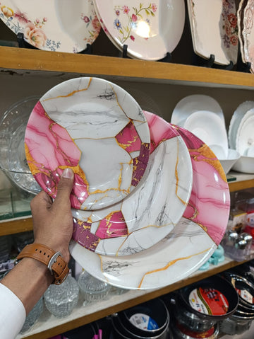 Luxury Pink & Gold Marble Double Glazed Melamine Plate Set 18Pcs (6 small. 6 medium and 6 large)