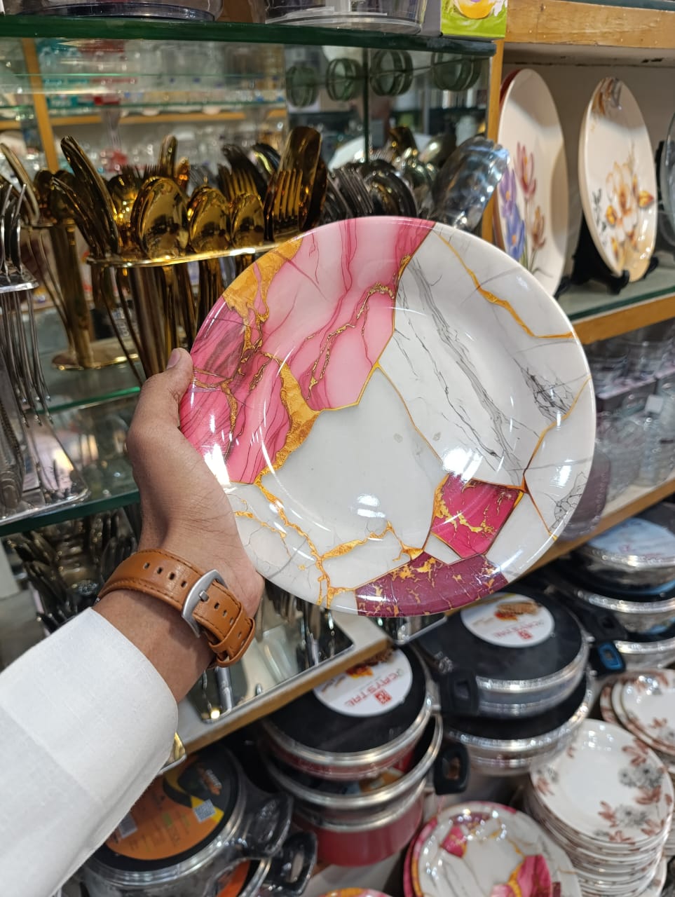Luxury Pink & Gold Marble Double Glazed Melamine Plate Set 18Pcs (6 small. 6 medium and 6 large)