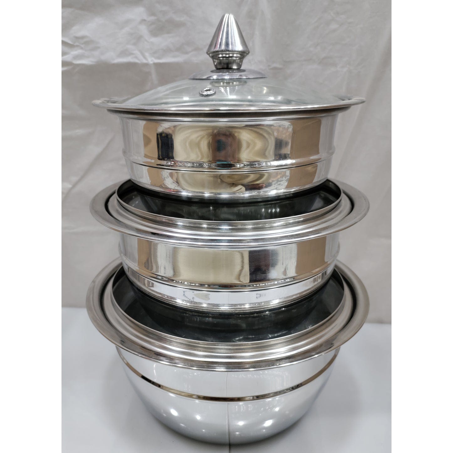 Stainless Steel Stackable Serving Bowls with Glass Lids (3 pc set)