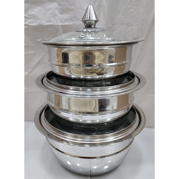Stainless Steel Stackable Serving Bowls with Glass Lids (3 pc set)
