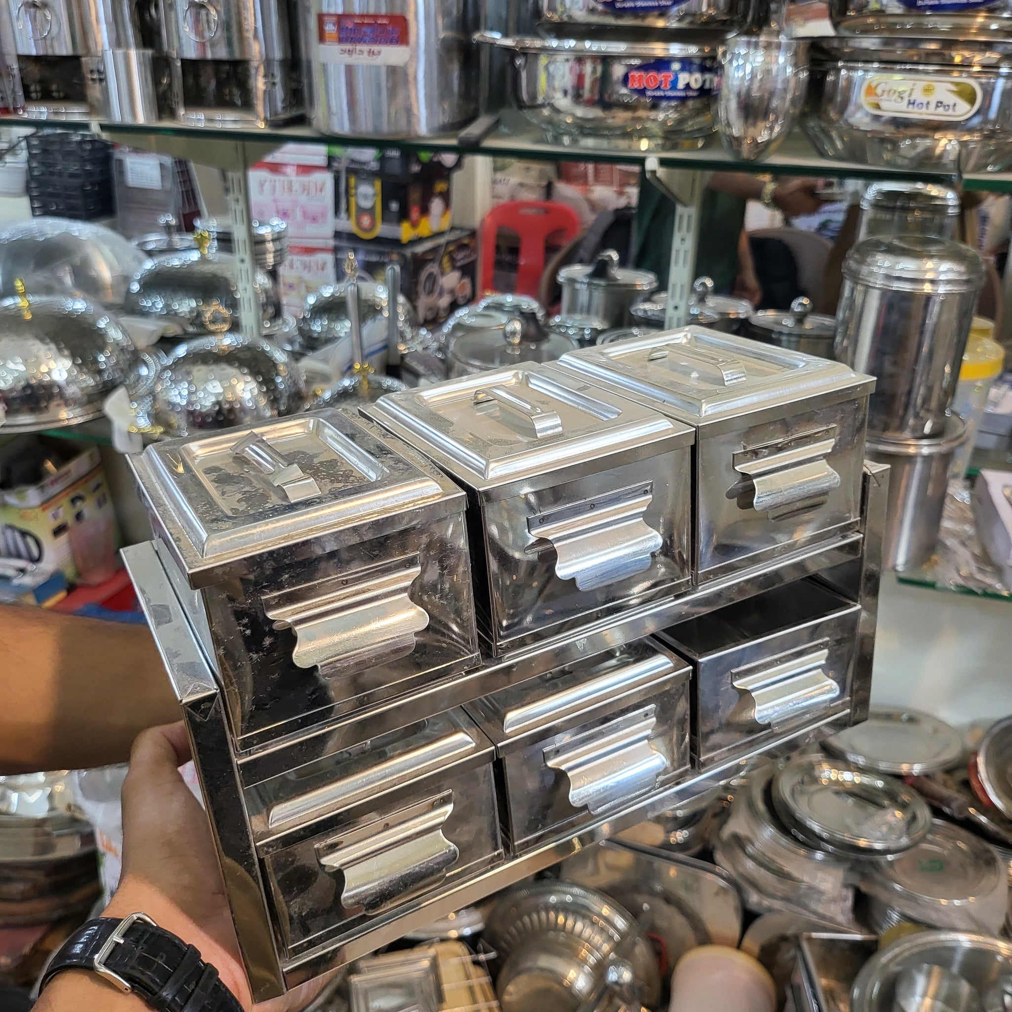 Stainless Steel 6-Compartment Spice Box / Drawer Organizer (large size)